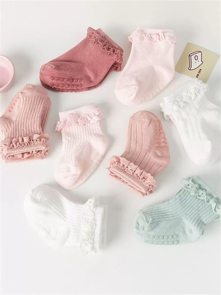 AQOKKA Baby Girl Toddlers Socks with Non-slip Grip Cute Frilly Ruffle Ankle Soft Cotton Newborn Baby Socks for Infant Kids - Image 4