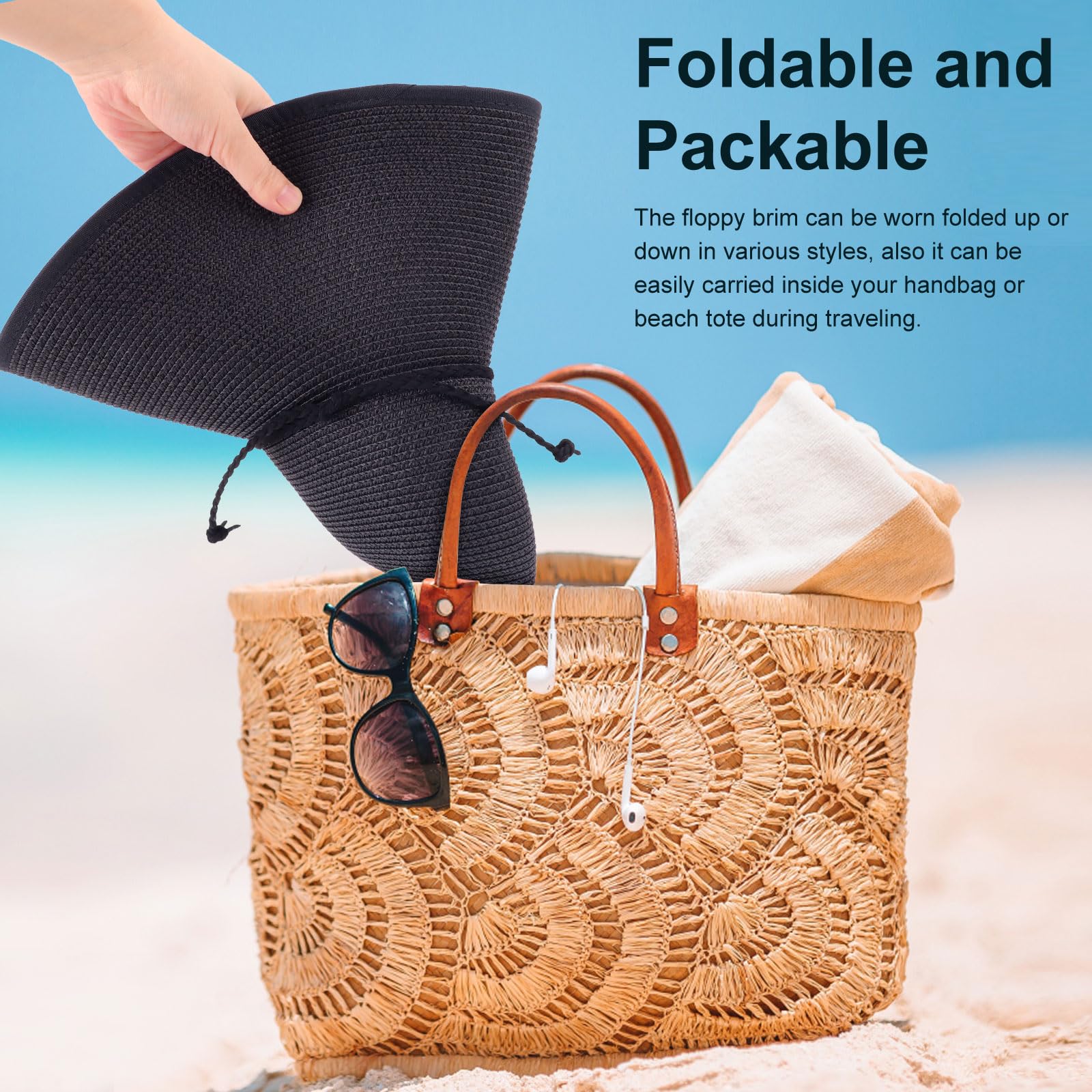 AQOKKA Beach Hats for Women Men Big Straw Wide Brim Summer Hat Floppy Foldable Roll up Cap for Beach Outdoor UPF 50+ - Image 8