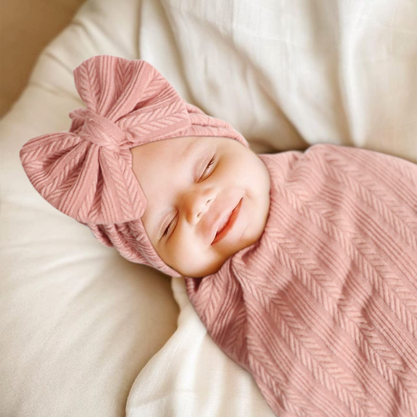 AQOKKA Newborn Receiving Blanket with Bow Hat Mittens Wooden Card Set Wheat-Pattern Newborns Toddler Baby Boy Girl Nursery Swaddle Wrap - Image 6