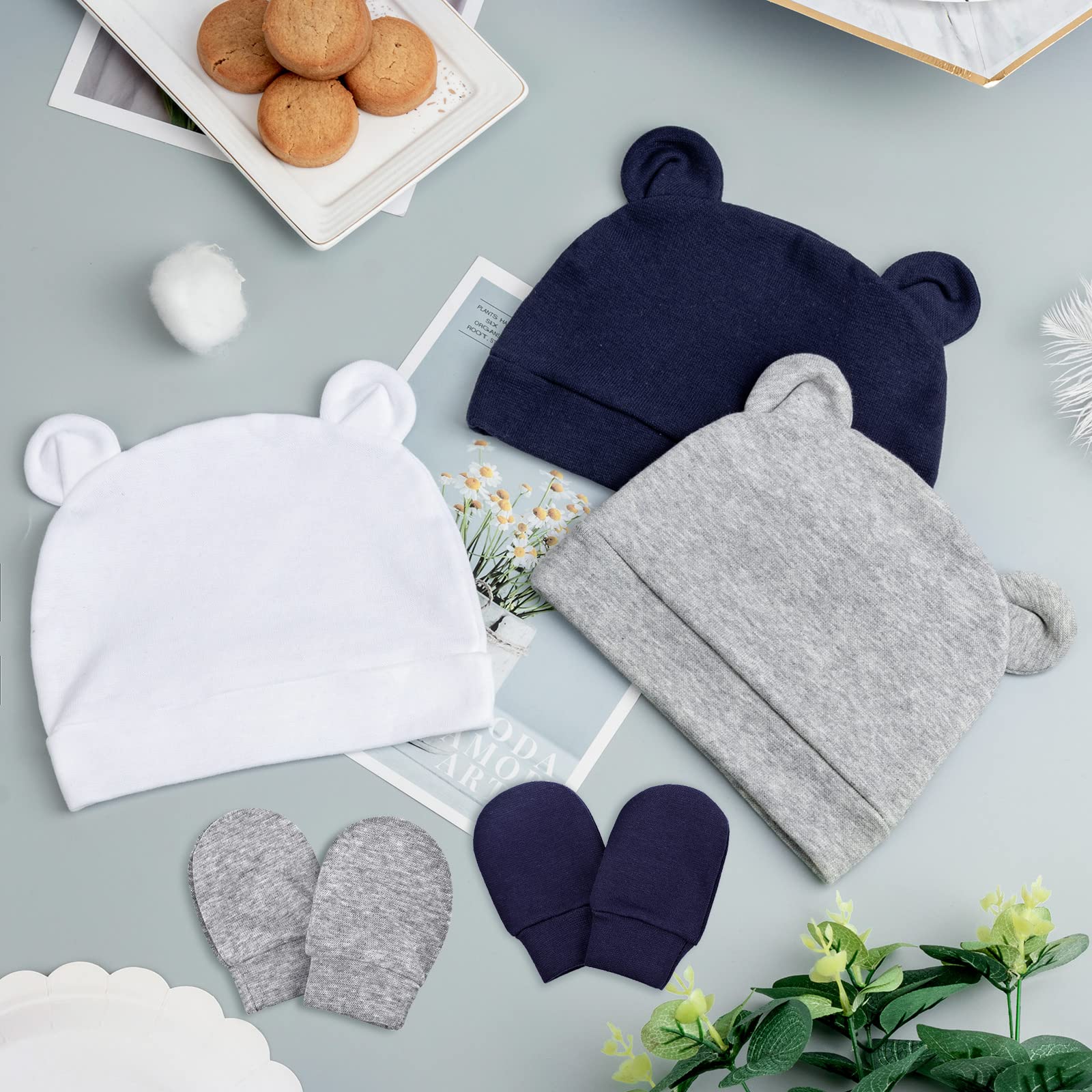 Newborn Baby Hat and Mittens Set Bear Ears Toddler Infant Beanie Caps Newborn Hospital Hat for Baby Boy Girl 0-3 Months - Image 7